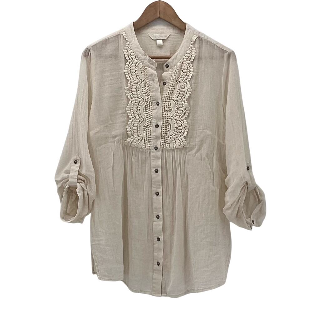 Krazy Kat 100% Cotton Button Down Top Large Cream Semi Sheer Lightweight